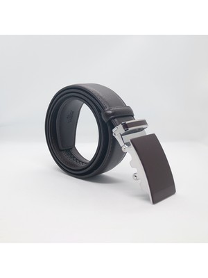 Paşala Leather Erkek Klasik Otomatik Raylı Sistem Suni Deri Kemer Kahve 3,5 cm Dikişli Deliksiz Dayanıklı Tokalı