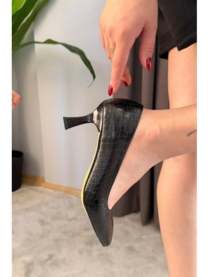 Difolia Kadın Sity Siyah Kroko 6 cm Ince Topuklu Stiletto