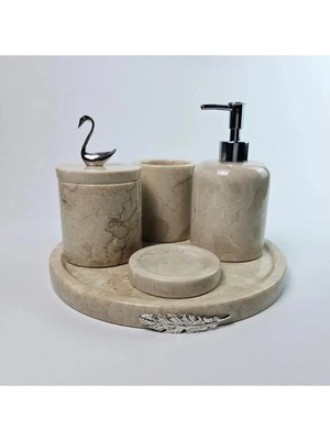 Ege Gross Dekoratif Doğal Bej Mermer Aksesuar Detaylı 5 Li Mermer Banyo Seti /mermer Banyo Takımı
