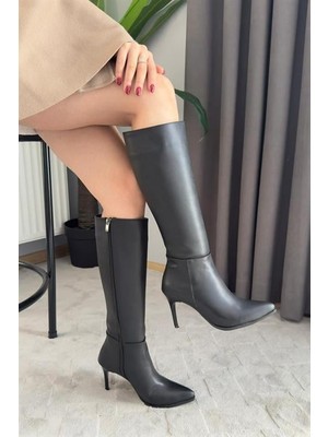 M&B COLLECT Kadın Santa Siyah Deri Diz Altı Ince Topuklu Çizme