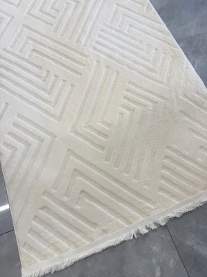 Plato Halı Oppo 1010 Silver Kaymaz Taban Yolluk Makinede Yıkanabilir Halı Krem Spor Saçaklı