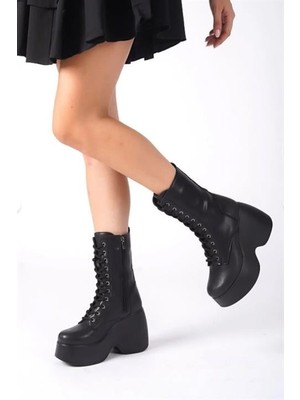 Difolia Kadın Riva Siyah Cilt Yandan Fermuarlı Bağcıklı Yüksek Dolgu Topuklu Uzun Bot Bootie