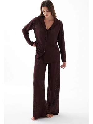 Veralya Moda Kadın Mürdüm Önden Düğmeli Rahat Kesim Pijama Takımı – Günlük Ev Giyim Seti