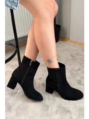 Difolia Kadın Marta Siyah Süet 6 cm Kalın Topuklu Yumurta  Burun Fermuarlı Bot