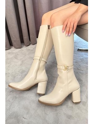 M&B COLLECT Kadın Krem Tek Tokalı Yandan Fermuarlı Diz Altı Cizme