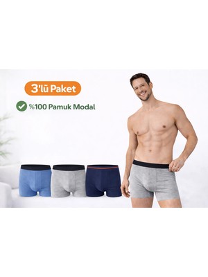 Süsen Lingerie 3 Adet %100 Pamuk Erkek Modal Boxer, Lacivert,gri,mavi