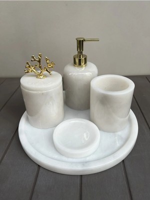 Ege Gross Figürlü 5 Li Banyo Seti %100 Doğal Mermer Olan Ürünümüz, Beyaz Gold