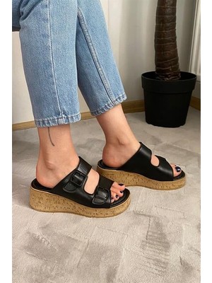 M&B COLLECT Kadın Siyah Çift Bant Kalın Mantar Taban Ortopedik Sandalet Terlik K-270