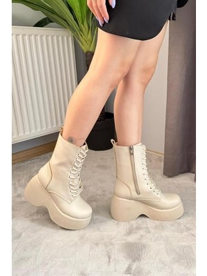 Difolia Kadın Riva Bej Cilt Yandan Fermuarlı Bağcıklı Yüksek Dolgu Topuklu Uzun Bot Bootie