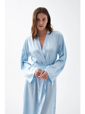 Veralya Moda Kadın Uzun Mavi Saten Sabahlık – Kuşaklı Şık Gecelik Üstü Ev Giyim
