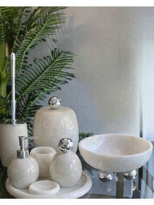 Ege Gross Dekoratif Doğal Beyaz Oval Mermer Aksesuar Detaylı 8li Mermer Banyo Seti /mermer Banyo Takımı