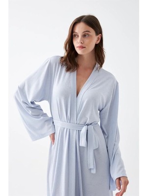 Veralya Moda Kadın Uzun Mavi Penye Sabahlık