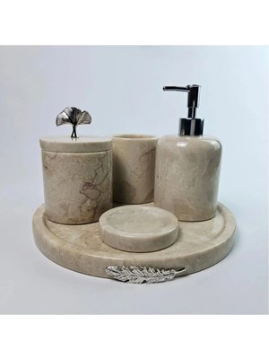 Ege Gross Dekoratif Doğal Bej Mermer Aksesuar Detaylı 5 Li Mermer Banyo Seti /mermer Banyo Takımı
