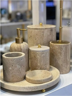 Ege Gross Dekoratif Doğal Traverten  Mermer Gold  Aksesuar Detaylı 7li Mermer Banyo Seti