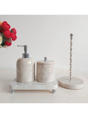 Ege Gross Doğal Bej Mermer Banyo Seti 4lü| Top Ayaklı | Silver