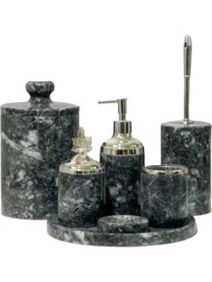 Ege Gross Dekoratif Koyu Gri Mermer Gümüş Yaprak Detaylı 7 Li Banyo Seti Takımı