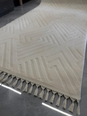 Plato Halı Oppo 1010 Silver Kaymaz Taban Yolluk Makinede Yıkanabilir Halı Krem Düğüm Saçaklı