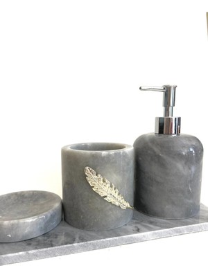 Ege Gross Mermer 4'lü Figürlü Banyo Seti Gri Gümüş Yaprak Figürlü