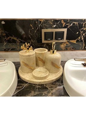 Ege Gross Perla- Doğal Bej Mermer Banyo Seti- 5 Parça- Gold Yaprak Detaylı