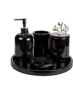 Ege Gross Dekoratif Siyah Mermer Gümüş Mercan Detaylı 5 Li Banyo Seti Takımı
