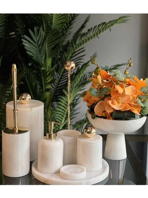 Ege Gross Canisa - Gold Top Detaylı Beyaz Mermer Banyo Seti- 9 Parça