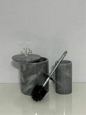 Ege Gross Gri Mermer Banyo Seti 2'li-Mermer Çöp Kovası ve Fırça