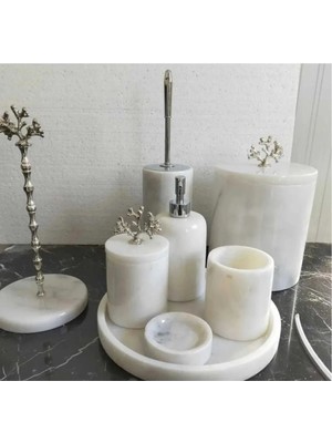 Ege Gross 8 Li Beyaz Mermer Banyo Seti Suya Dayanıklı Doğal Taş ile Modern Stil