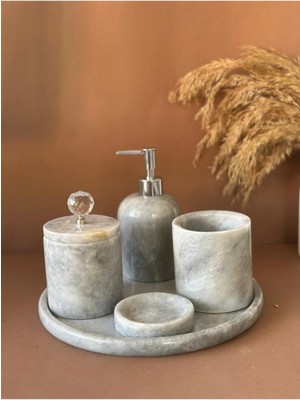 Ege Gross Dekoratif Doğal Grı Mermer Aksesuar Detaylı 5 Li Mermer Banyo Seti /mermer Banyo Takımı