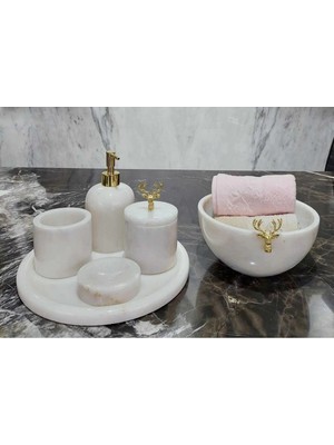 Ege Gross Crystal White Golden - Doğal Beyaz Mermer Banyo Seti | 6lı | Gold |