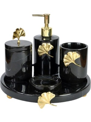 Ege Gross Dekoratif Siyah Mermer Altın Çiçek Detaylı 5 Li Banyo Seti Takımı