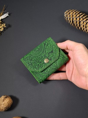 MAT DERİ Kadın Kartlık Desenli Hakiki Deri Küçük Cüzdan Nakit Bölmeli (10X9 Cm) Yeşil