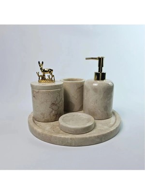Ege Gross Dekoratif Doğal Bej Mermer Aksesuar Detaylı 5 Li Mermer Banyo Seti /mermer Banyo Takımı