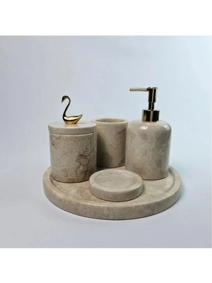 Ege Gross Dekoratif Doğal Bej Mermer Aksesuar Detaylı 5 Li Mermer Banyo Seti /mermer Banyo Takımı