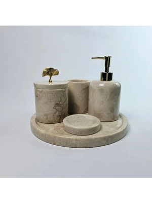 Ege Gross Dekoratif Doğal Bej Mermer Aksesuar Detaylı 5 Li Mermer Banyo Seti /mermer Banyo Takımı