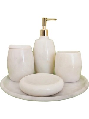 Ege Gross Dekoratif Beyaz Mermer Banyo Seti Takımı 5 Li Gold Detaylı