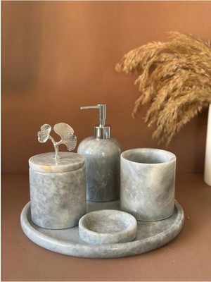Ege Gross Dekoratif Doğal Grı Mermer Aksesuar Detaylı 5 Li Mermer Banyo Seti /mermer Banyo Takımı