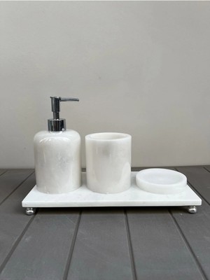 Ege Gross 4 Lü Banyo Seti %100 Doğal Mermer Olan Ürünümüz Beyaz Gümüş