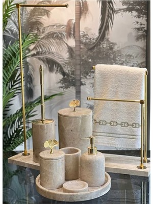 Ege Gross Mermer Banyo Seti 9 Parça Bej Renkli Şık Tasarımlı Mermer Malzeme ile Suya Dayanıklı