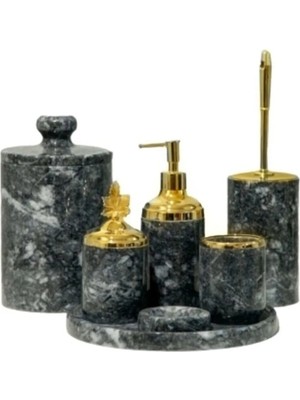 Ege Gross Dekoratif Koyu Gri Mermer Gold Yaprak Detaylı 7 Li Banyo Seti Takımı