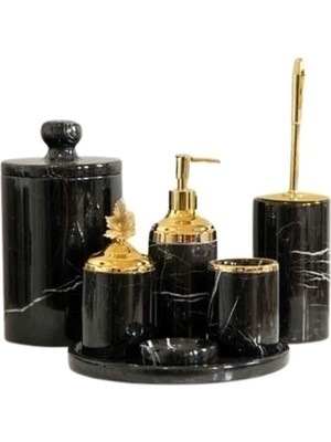 Ege Gross Dekoratif Siyah Mermer Gold Yaprak Detaylı 7 Li Banyo Seti Takımı