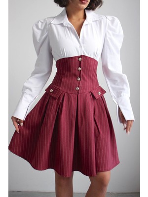 Bacc Bordo Pileli Çizgili Dokuma Gömlek Elbise BCHN-2526115