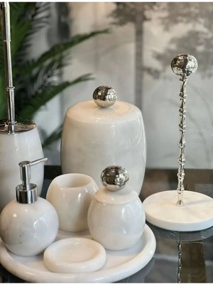 Ege Gross Dekoratif Beyaz Oval Mermer Banyo Seti Takımı 8 Li Aksesuar Detaylı Tasarım Set