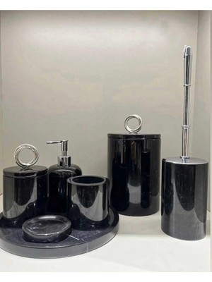 Ege Gross Dekoratif Siyah Mermer Aksesuar Detaylı 7 Li Banyo Seti /mermer Banyo Takımı