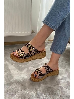 M&B COLLECT Kadın Leopar Desen Çift Bant Kalın Mantar Taban Ortopedik Sandalet Terlik K-270