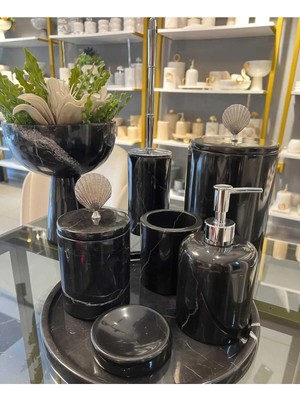 Ege Gross Dekoratif Doğal Siyah  Mermer / Aksesuar Detaylı 8li Mermer Banyo Seti /mermer Banyo Takımı