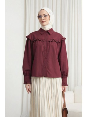 Queene Dreams Fırfır Detaylı Düğmeli Kısa Gömlek -Bordo