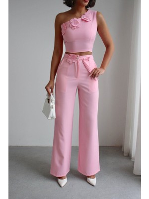Bacc Pembe Aksesuar Detaylı Bluz ve Pantolon Dokuma Alt Üst Takım BCHN-2526127