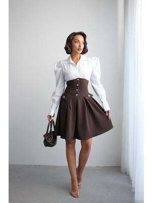 Bacc Kahve Pileli Çizgili Dokuma Gömlek Elbise BCHN-2526115