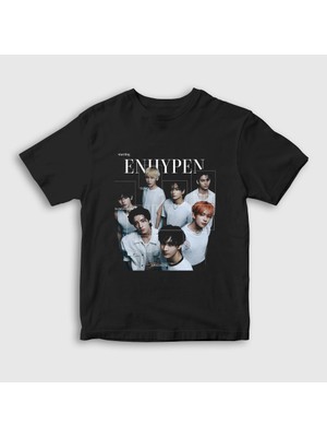 Presmono Unisex Çocuk Siyah Starring K Pop Enhypen T-Shirt