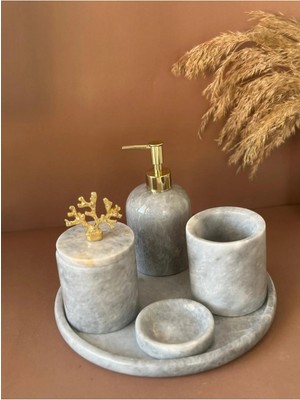 Ege Gross Dekoratif Doğal Grı Mermer Aksesuar Detaylı 5 Li Mermer Banyo Seti /mermer Banyo Takımı